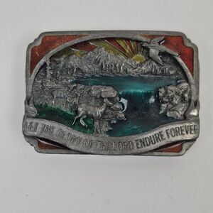 Siskiyou Belt Buckle Religious Enamel Wilderness Outdoor Scene 80s‎ Pewter Vtg